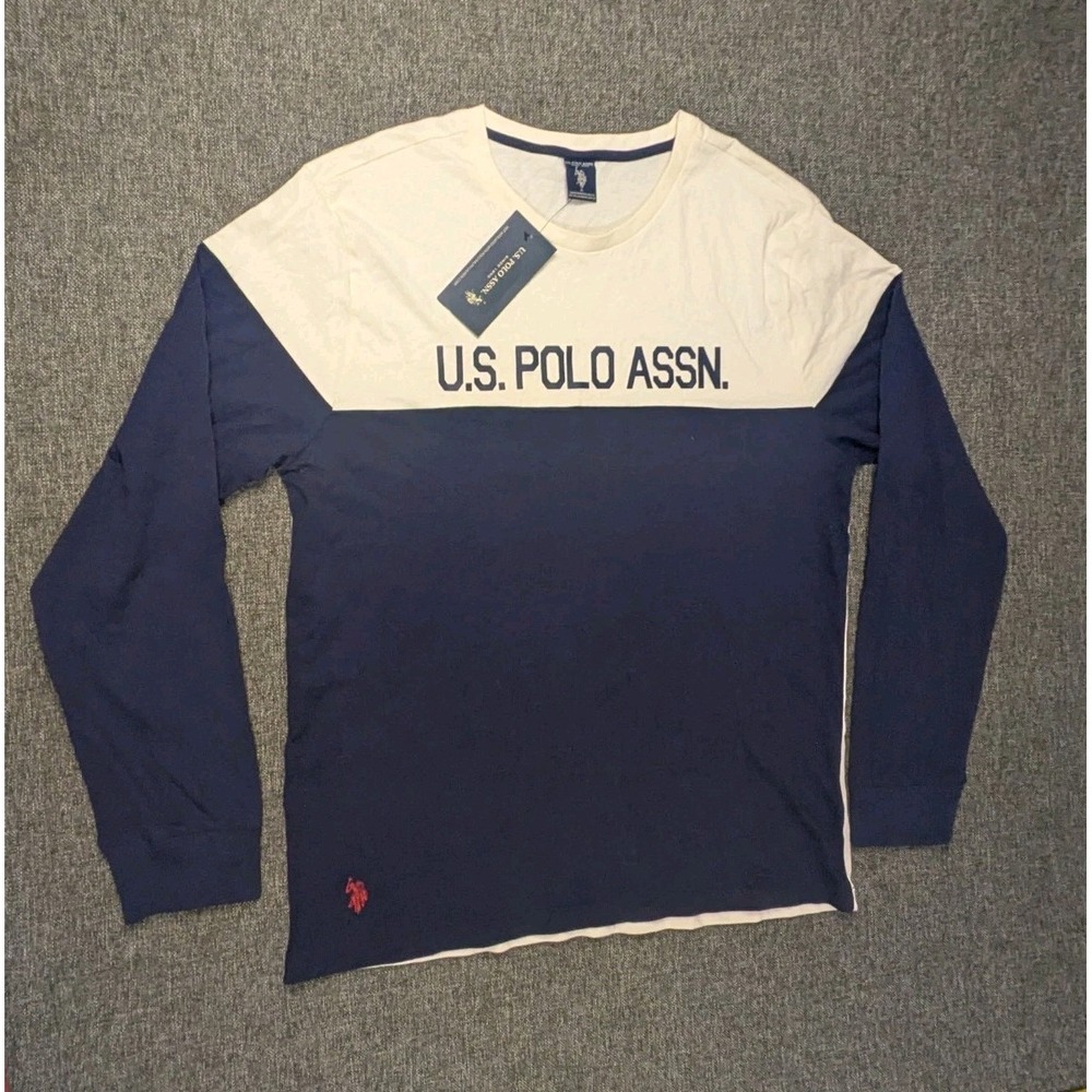 US Polo Assn Mens Large Long Sleeve T-Shirt Blue White Colorblock Spellout Logo